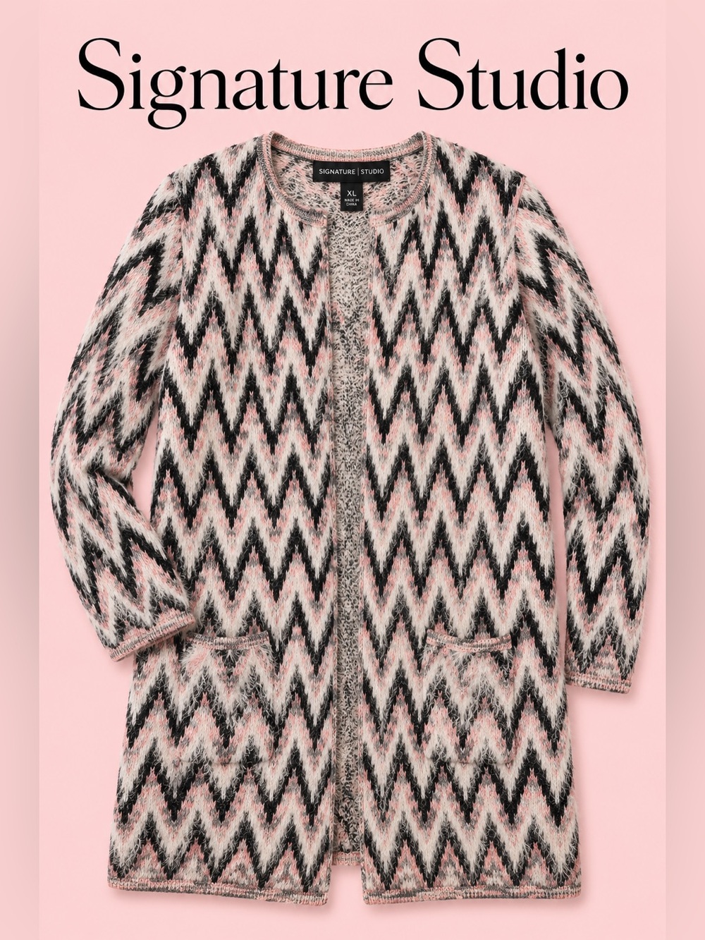 Signature Studio Pink, Black & Cream Chevron Open Cardigan